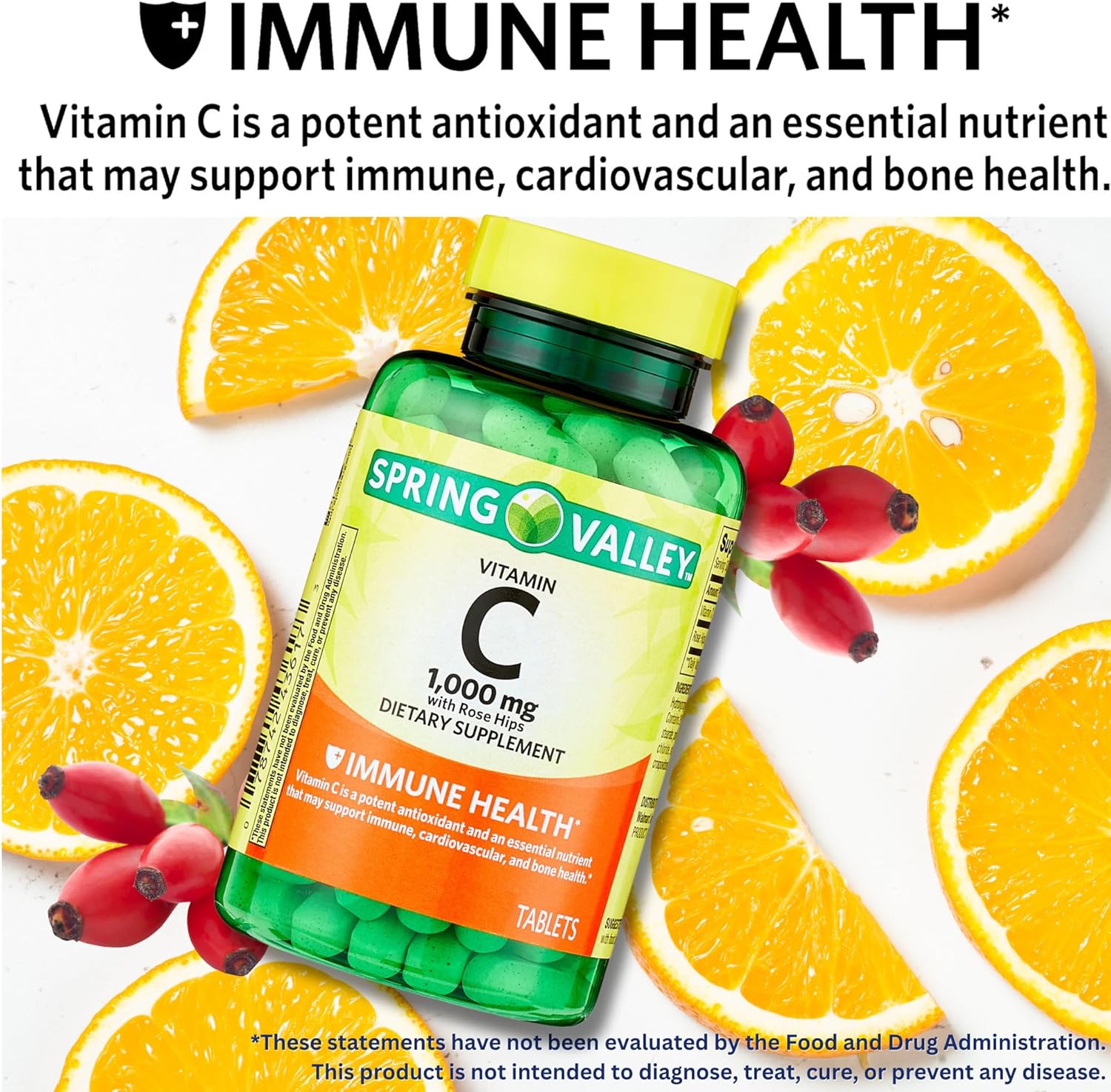 Spring Valley Vitamin C 1000mg with Rose HIPS Tablets, 500 Count - Antioxidant Dietary Supplement*