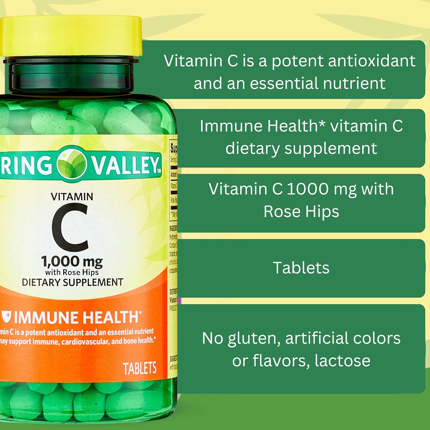 Spring Valley Vitamin C 1000mg with Rose HIPS Tablets, 500 Count - Antioxidant Dietary Supplement*