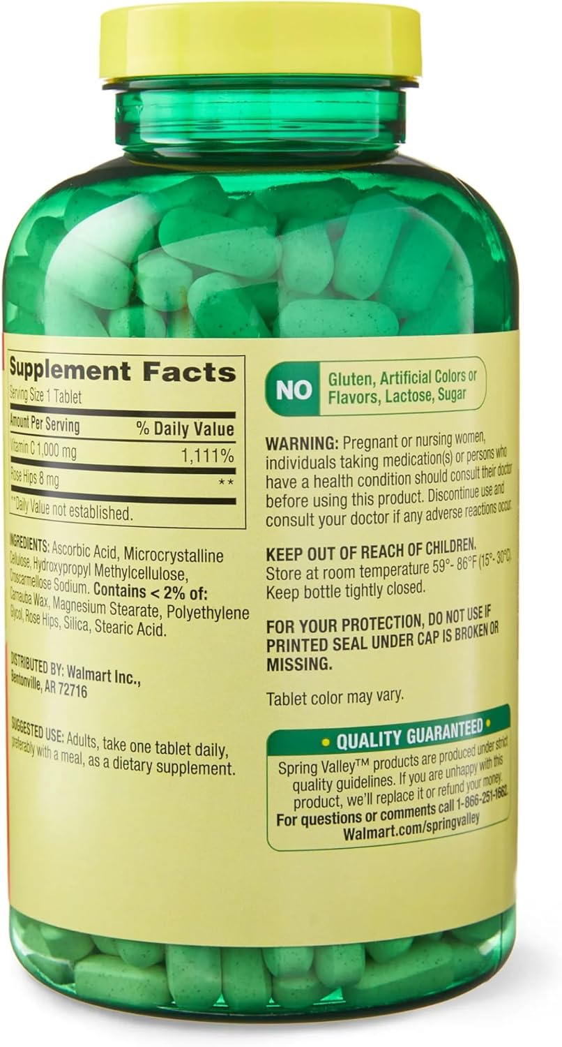 Spring Valley Vitamin C 1000mg with Rose HIPS Tablets, 500 Count - Antioxidant Dietary Supplement*