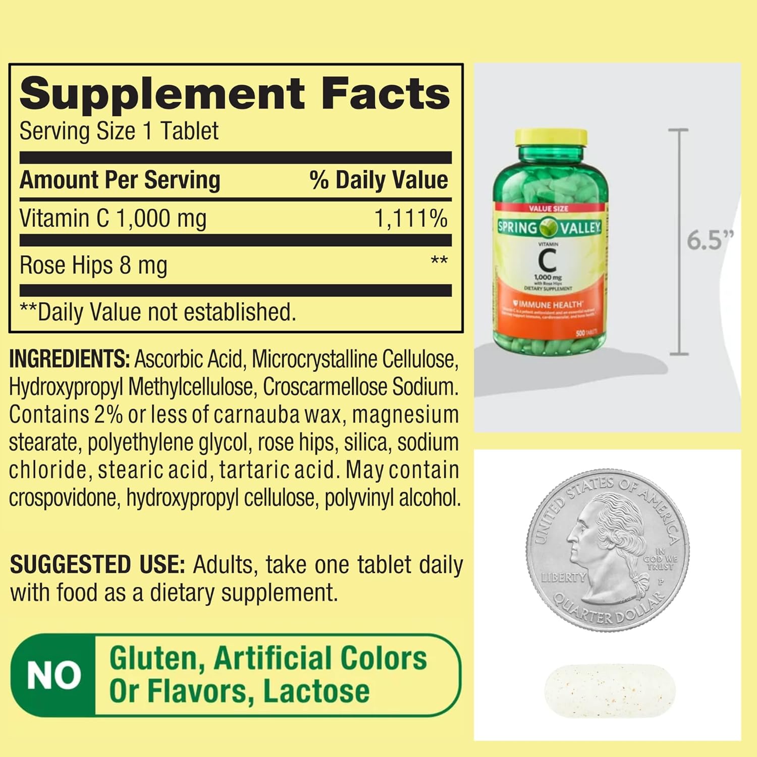 Spring Valley Vitamin C 1000mg with Rose HIPS Tablets, 500 Count - Antioxidant Dietary Supplement*