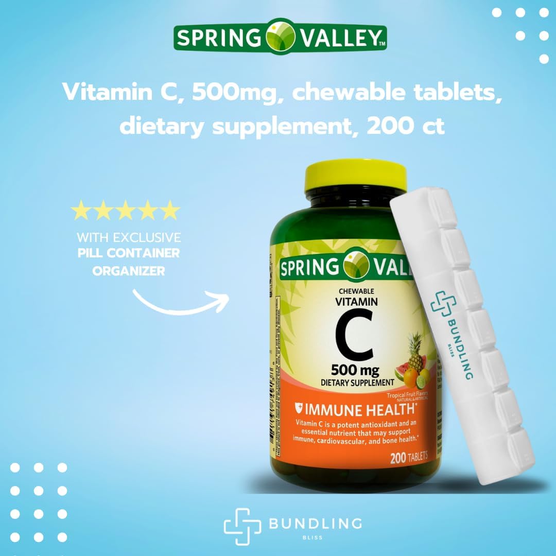 Spring Valley Vitamin C 500mg Chewable Tablets - 200 Count with 7 Day Pill Organizer