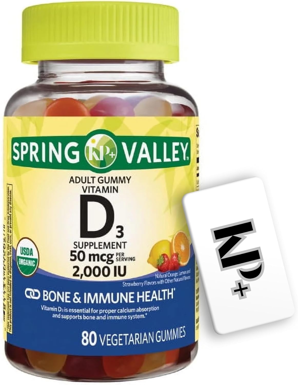 Spring Valley Vitamin D3 Gummies 50 mcg 2000IU for Bone and Immune Health - 80 Count with KP+ Sticker
