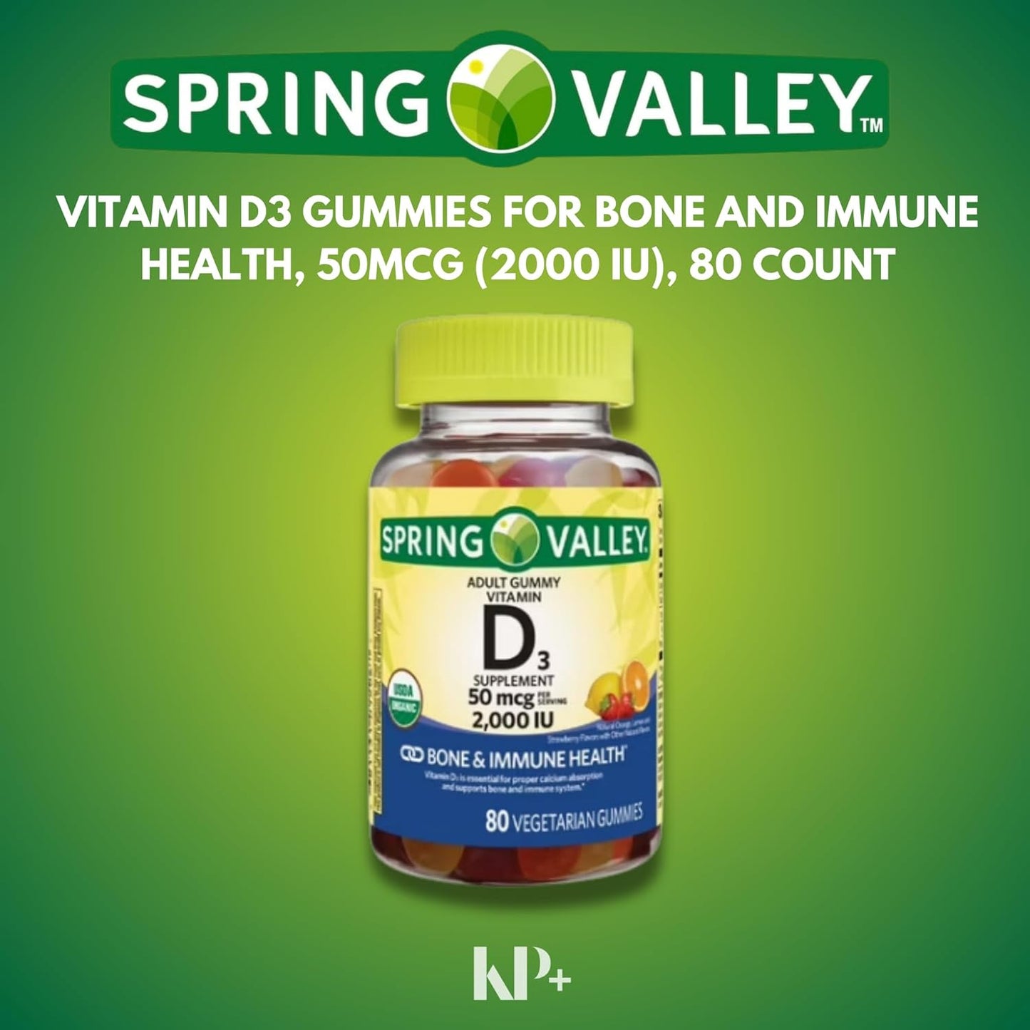 Spring Valley Vitamin D3 Gummies 50 mcg 2000IU for Bone and Immune Health - 80 Count with KP+ Sticker