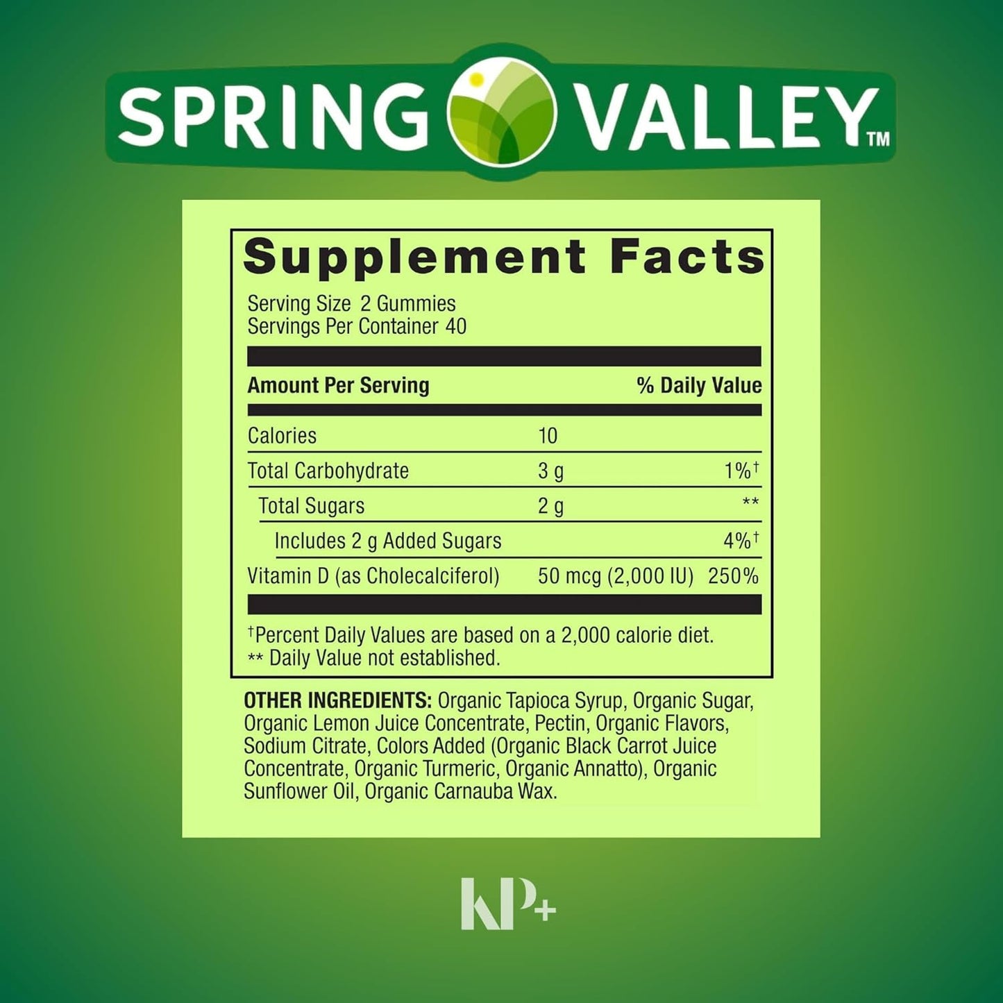 Spring Valley Vitamin D3 Gummies 50 mcg 2000IU for Bone and Immune Health - 80 Count with KP+ Sticker