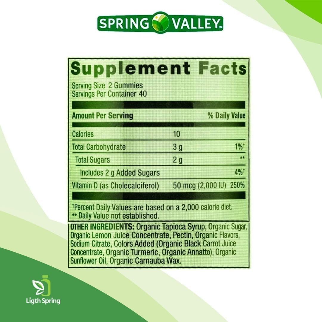 Spring Valley Vitamin D3 Gummy, 2000 IU, 80 Ct + Vitamins & Minerals for Immune & Bone Health - Orange, Lemon & Strawberry - LightSpring Guide©