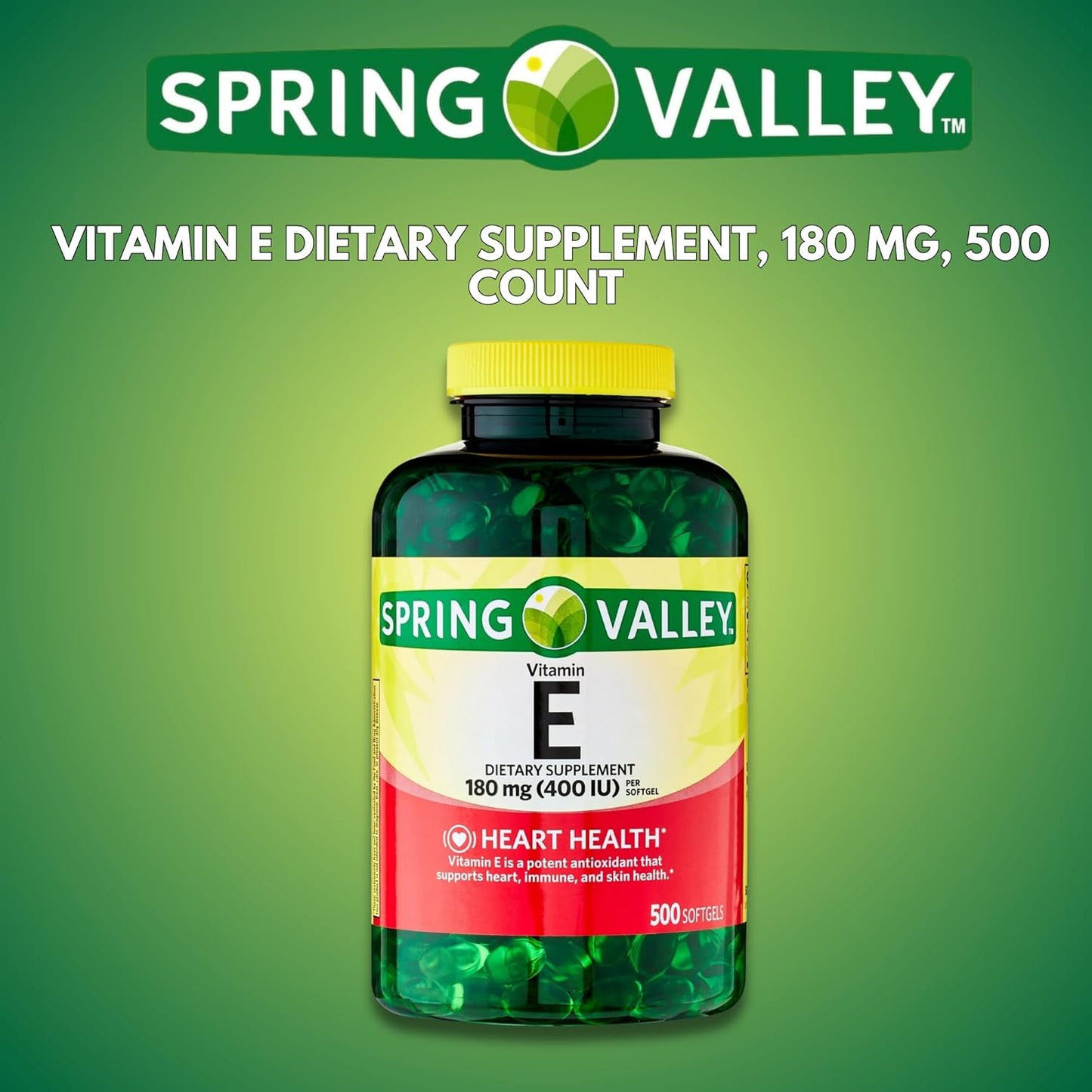 Spring Valley Vitamin E Softgels, 180mg, 500 Count with KP+ Sticker - Dietary Supplement