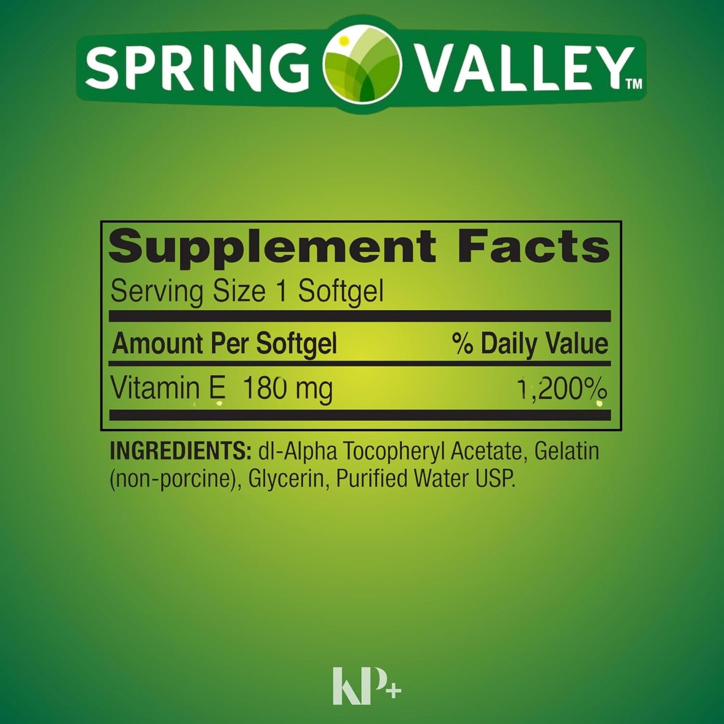 Spring Valley Vitamin E Softgels, 180mg, 500 Count with KP+ Sticker - Dietary Supplement