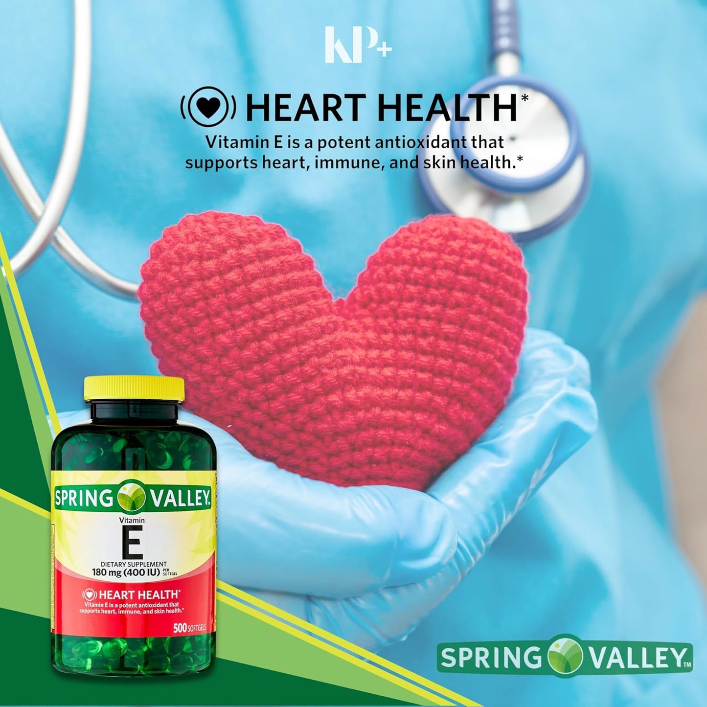 Spring Valley Vitamin E Softgels, 180mg, 500 Count with KP+ Sticker - Dietary Supplement