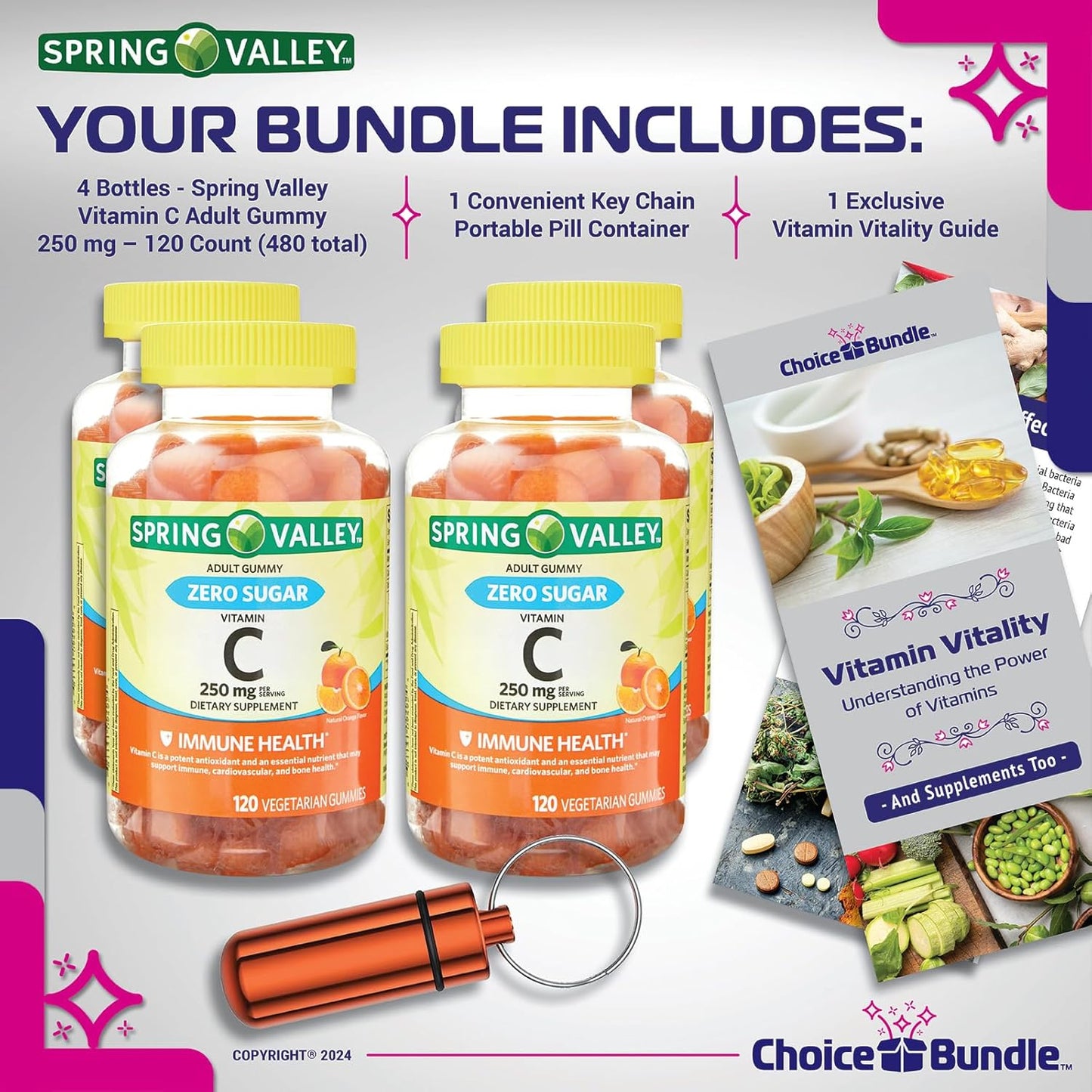Spring Valley Zero Sugar Vitamin C Gummies Bundle with Vitamin Vitality Guide and Pill Container - 480 Total Gummies