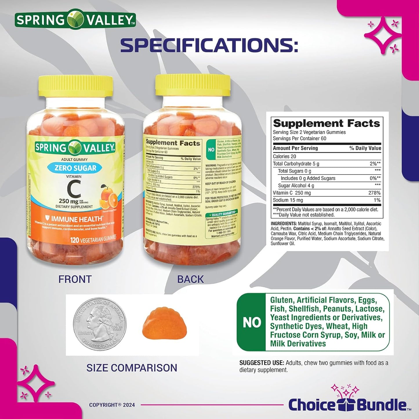 Spring Valley Zero Sugar Vitamin C Gummies Bundle with Vitamin Vitality Guide and Pill Container - 480 Total Gummies
