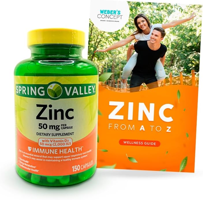 Spring Valley Zinc 50mg with Vitamin D3 for Immune Support + "Zinc: Wellness Guide" - 150 Capsules by Weber's Nutritional Concept
