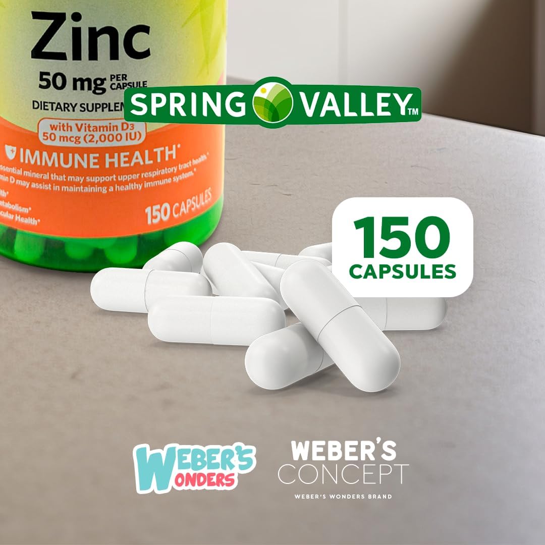 Spring Valley Zinc 50mg with Vitamin D3 for Immune Support + "Zinc: Wellness Guide" - 150 Capsules by Weber's Nutritional Concept