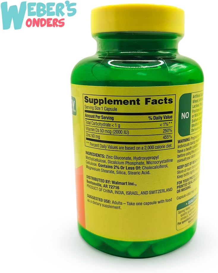 Spring Valley Zinc 50mg with Vitamin D3 for Immune Support + "Zinc: Wellness Guide" - 150 Capsules by Weber's Nutritional Concept