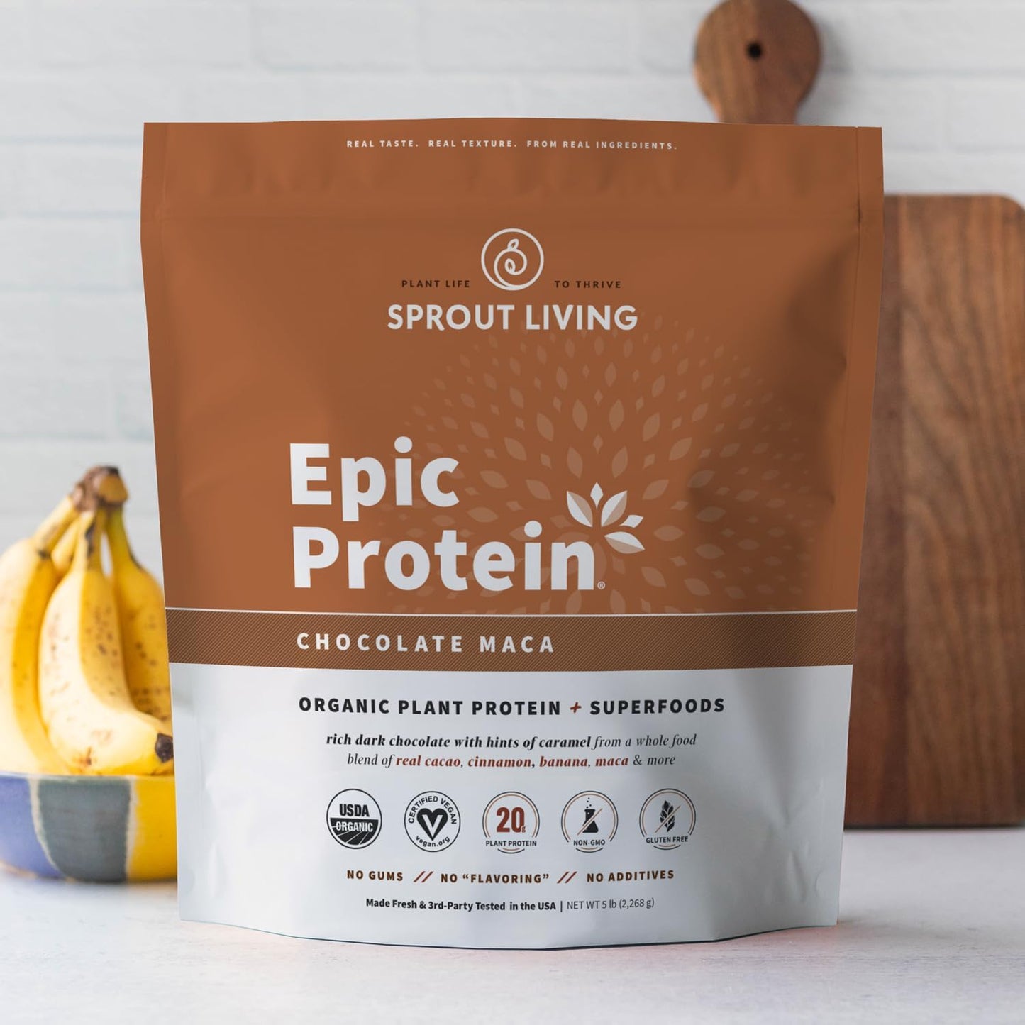 Sprout Living Epic Protein Chocolate Maca Powder - 20g Organic Plant Based Protein & Superfoods Powder, Vegan, Non-GMO, Gluten Free - 5lb, 60 Servings