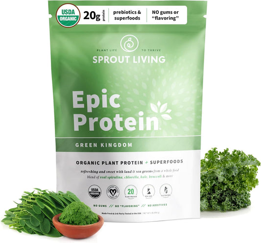 Sprout Living Epic Protein Green Kingdom - Organic Plant Based Protein Powder with Superfoods | 20g Protein, Vegan, Non-GMO, Gluten Free (1 lb, 12 Servings)