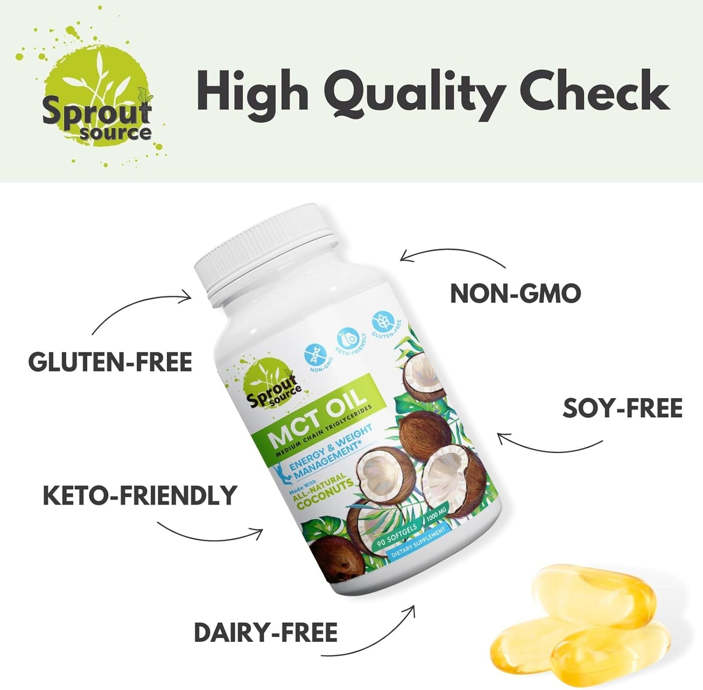 Sprout Source Keto MCT Oil Softgels 1000mg - 90 Softgels, Premium C8 & C10 Blend for Energy & Weight Management, Natural Coconut Oil, Non-GMO, Gluten-Free - 90-Day Supply - BoostGo Australia