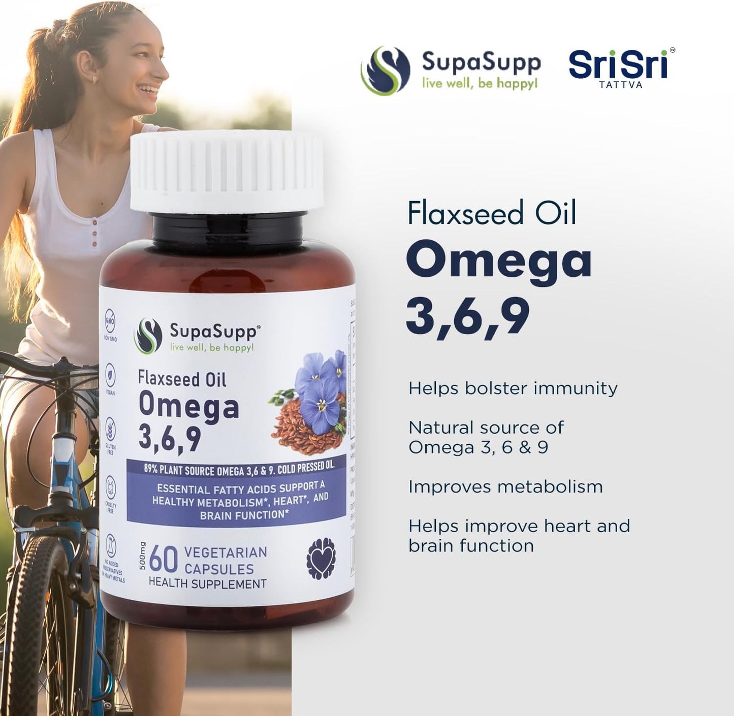 SRI SRI TATTVA Flaxseed Oil Capsules for Brain, Heart, Joints, Skin Health - Omega 3 Supplement for Immunity & Digestion - 60 Capsules, 500mg