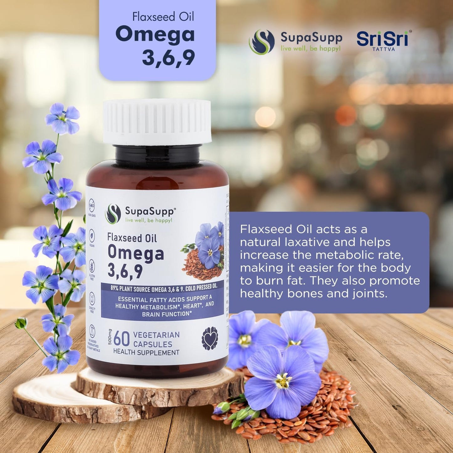 SRI SRI TATTVA Flaxseed Oil Capsules for Brain, Heart, Joints, Skin Health - Omega 3 Supplement for Immunity & Digestion - 60 Capsules, 500mg