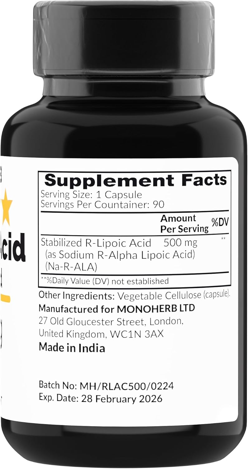 Stabilized R-Alpha-Lipoic Acid 500 mg - 90 Vegetarian Capsules for Improved Absorption
