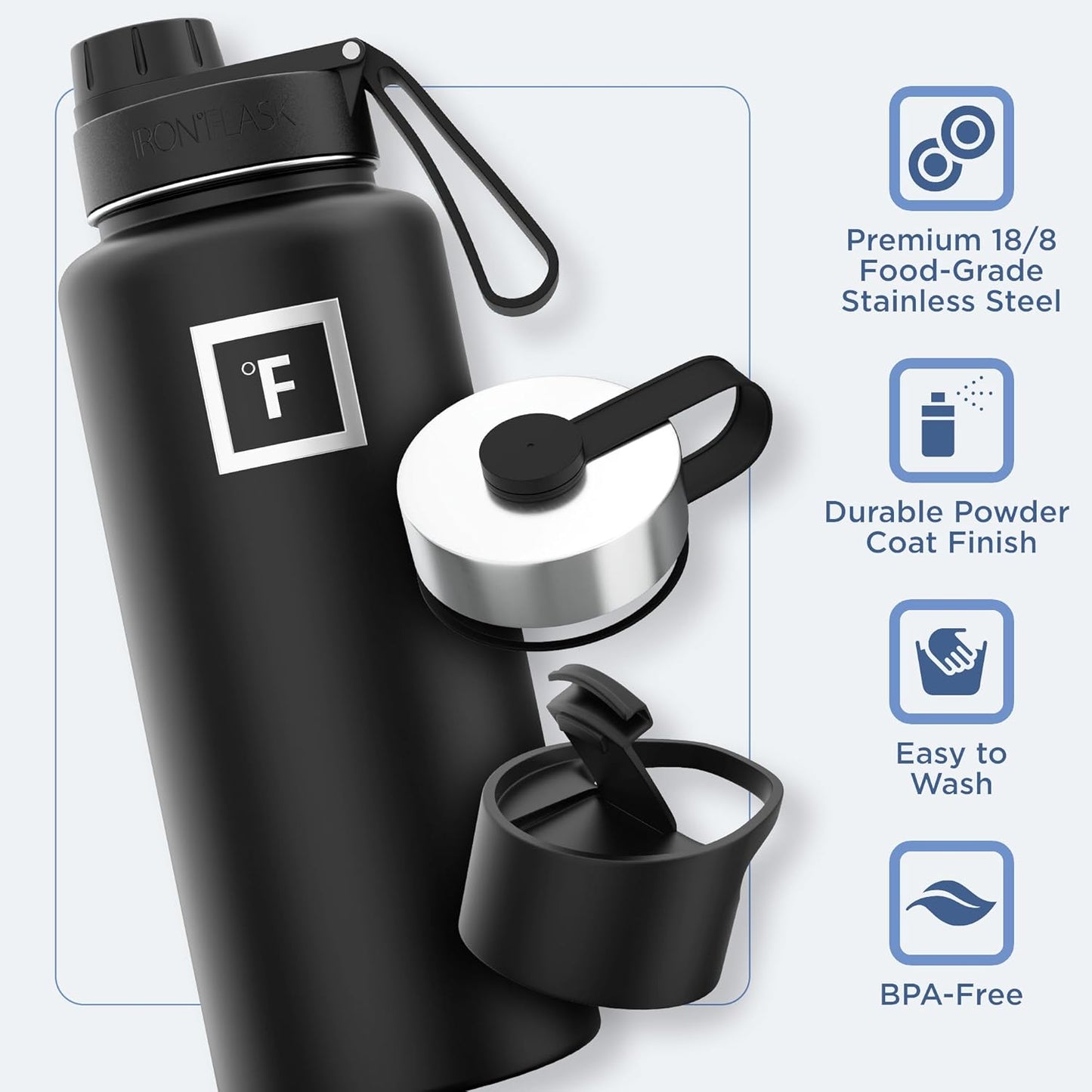 Stainless Steel 32 Oz Camping & Hiking Hydration Flask with 3 Lids - Double Walled, Vacuum Insulated, Leak Proof & BPA Free
