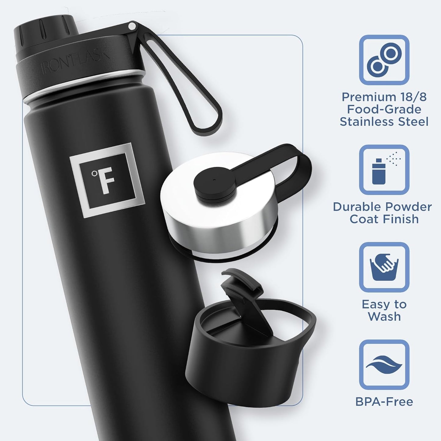 Stainless Steel Camping & Hiking Water Bottle with 3 Lids - Vacuum Insulated Flask (Dark Night, 22 oz)