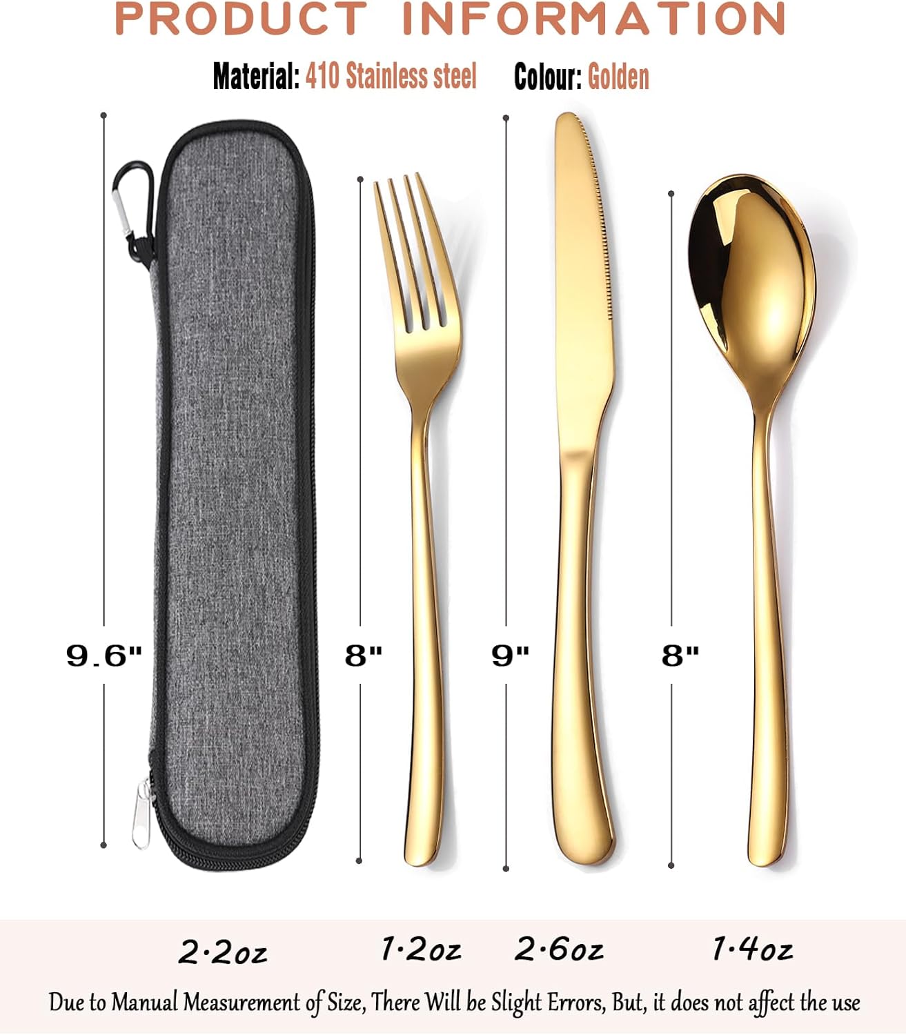 Stainless Steel Cutlery Set for 1 with Case - Reusable Knife Fork Spoon Set for Work - 3 Piece Gold Flatware Set by MURRI&MURRDI
