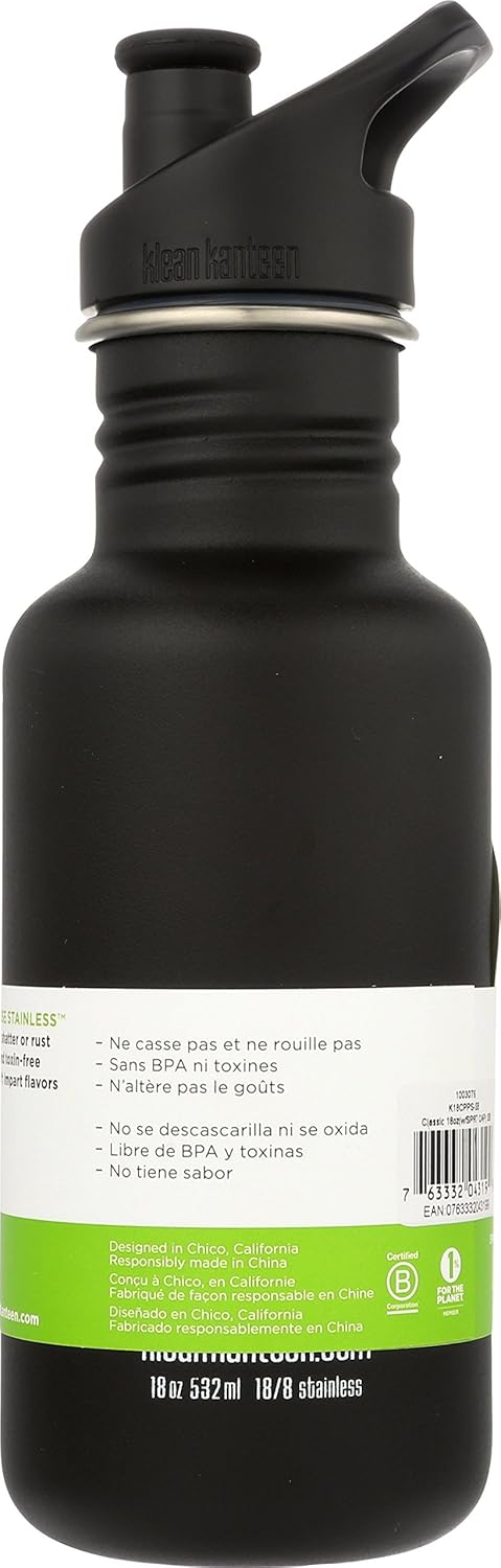 Stainless Steel Water Bottle with Sport Cap - Klean Kanteen Classic Single Wall Non-Insulated