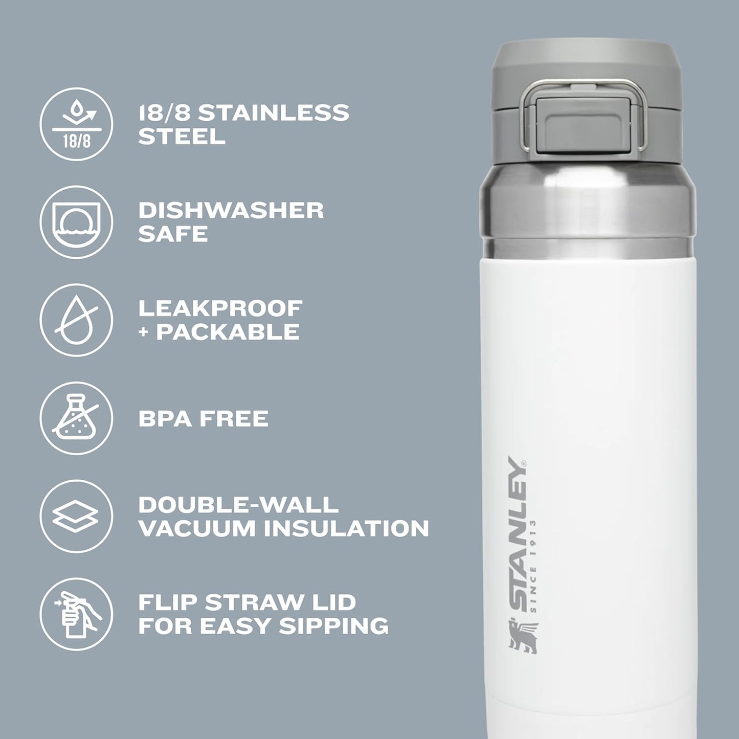 Stanley Quick Flip GO Water Bottle | 24-36 OZ | Push Button Lid | Leakproof & Packable | Insulated Stainless Steel | BPA-Free | Ideal for Travel & Sports