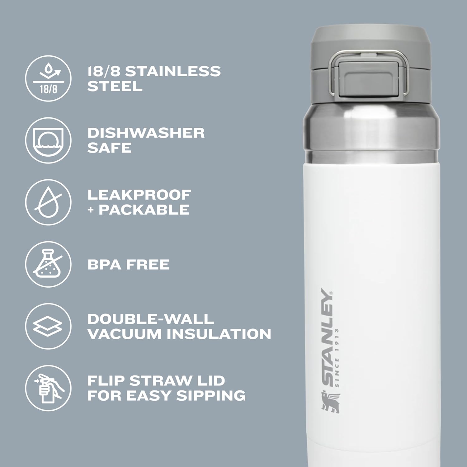 Stanley Quick Flip GO Water Bottle | 24-36 OZ | Push Button Lid | Leakproof & Packable | Insulated Stainless Steel | BPA-Free | Ideal for Travel & Sports