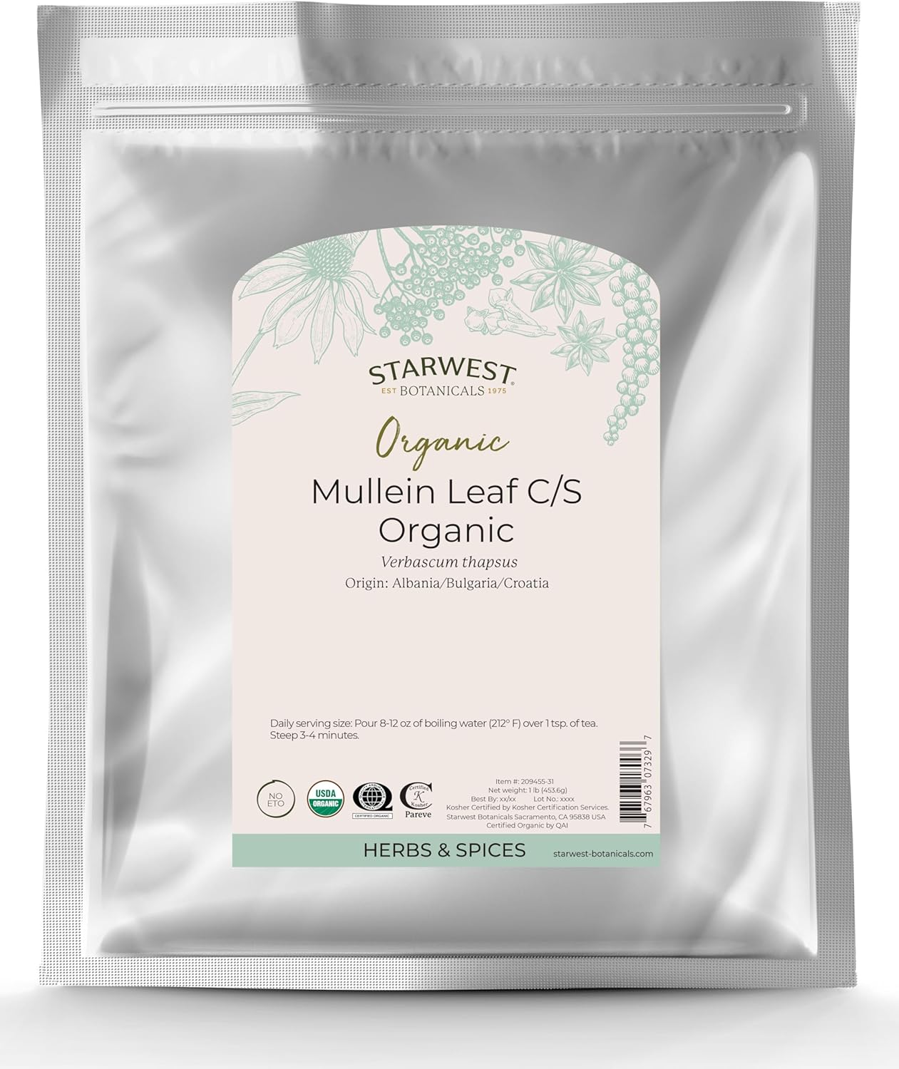 Starwest Botanicals Organic Mullein Leaf, 16 Ounces, Cut and Sifted | Loose Leaf Tea