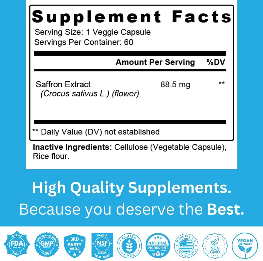 Staver Health Saffron Extract Capsules - 88.5mg, 60 Veggie Caps - Mood and Energy Booster