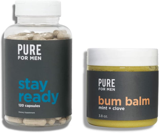 Stay Ready with Pure for Men Fiber Supplement (120 Count) + Bum Balm Raw Lotion for Men - Complete Men's Wellness Set