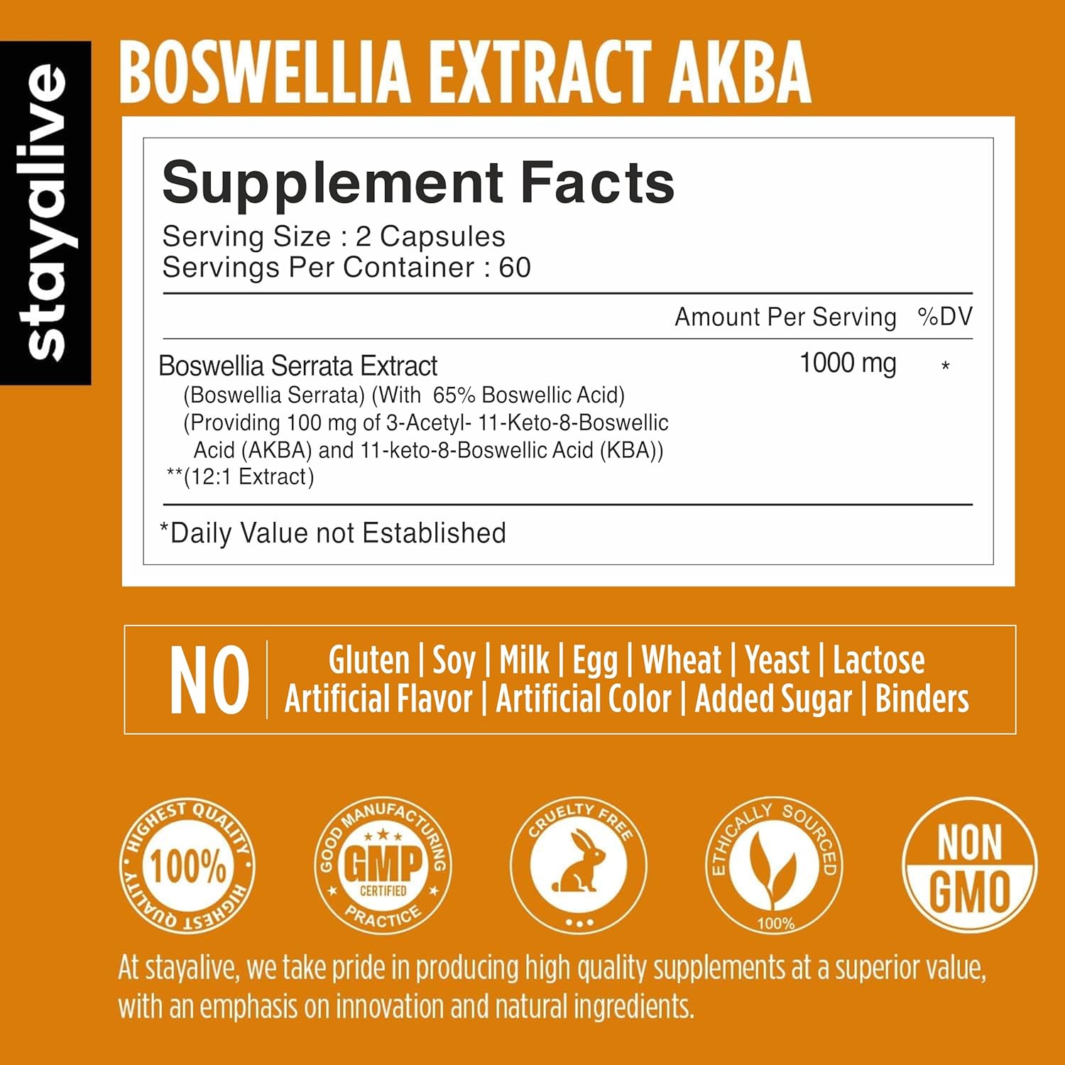 StayAlive Boswellia Serrata Extract Capsules - 1000mg with AKBA - 120 Count - Non-GMO Gluten-Free Supplement