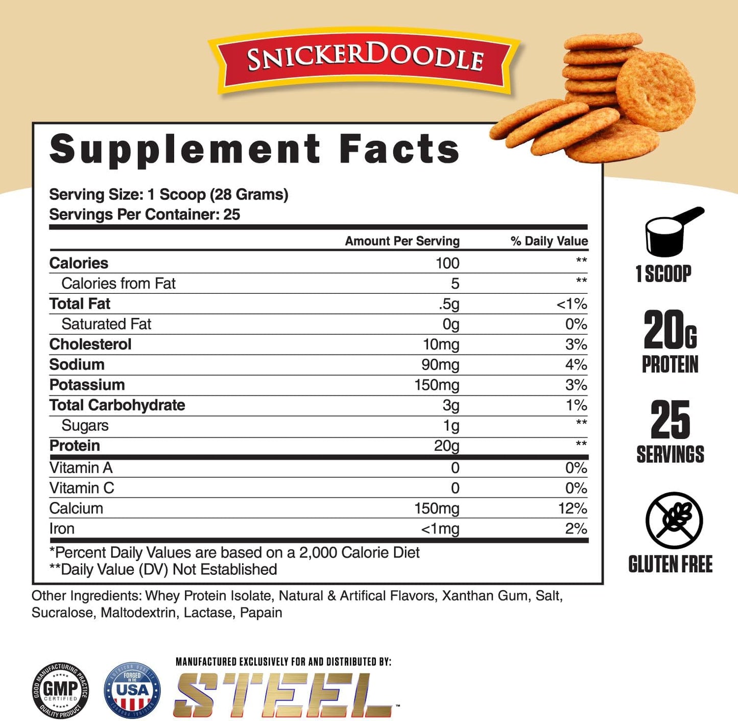 Steel Supplements Whey-Iso Protein Powder - Fast Absorbing for Lean Muscle Growth - Snickerdoodle Flavor - Gluten Free & Low Carb - 25 Servings