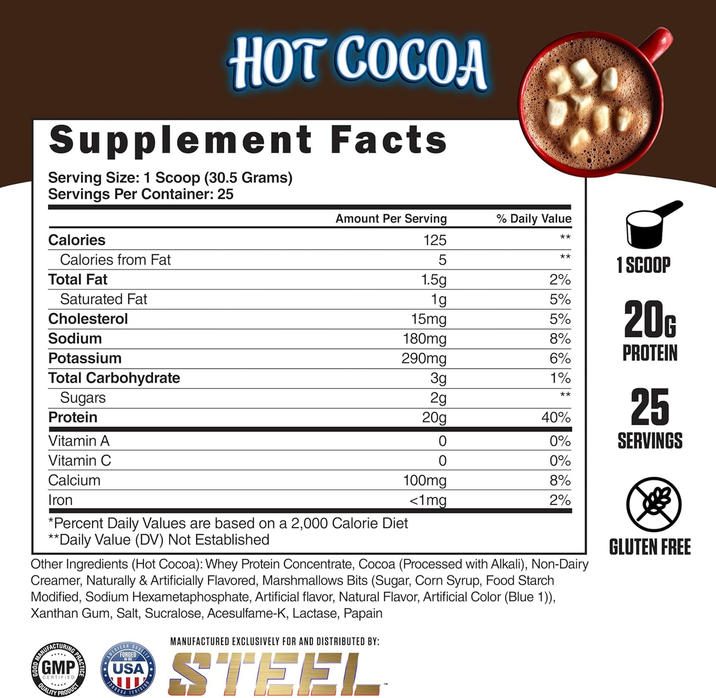 Steel Supplements Whey-Pro Hot Cocoa Protein Powder - 100% Pure Whey for Muscle Gain & Recovery - Gluten Free, Non-GMO - BCAA 5g - 1.69 lbs, 25 Servings
