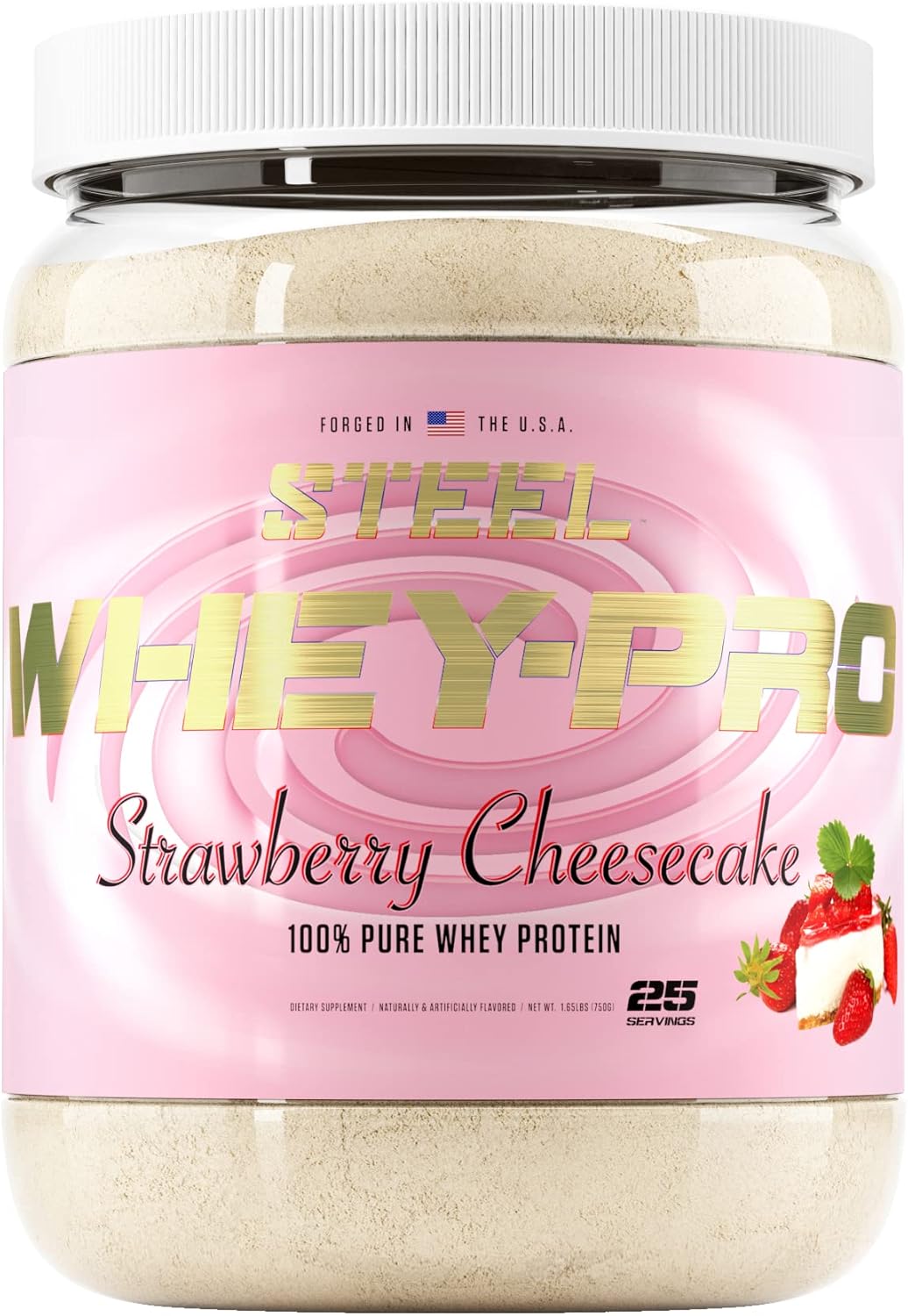 Steel Supplements Whey-Pro Strawberry Cheesecake: Pure Whey Protein Powder for Muscle Gain & Recovery | Gluten-Free, Non-GMO | 1.65 lbs, 25 Servings | BCAA 5g | Men & Women