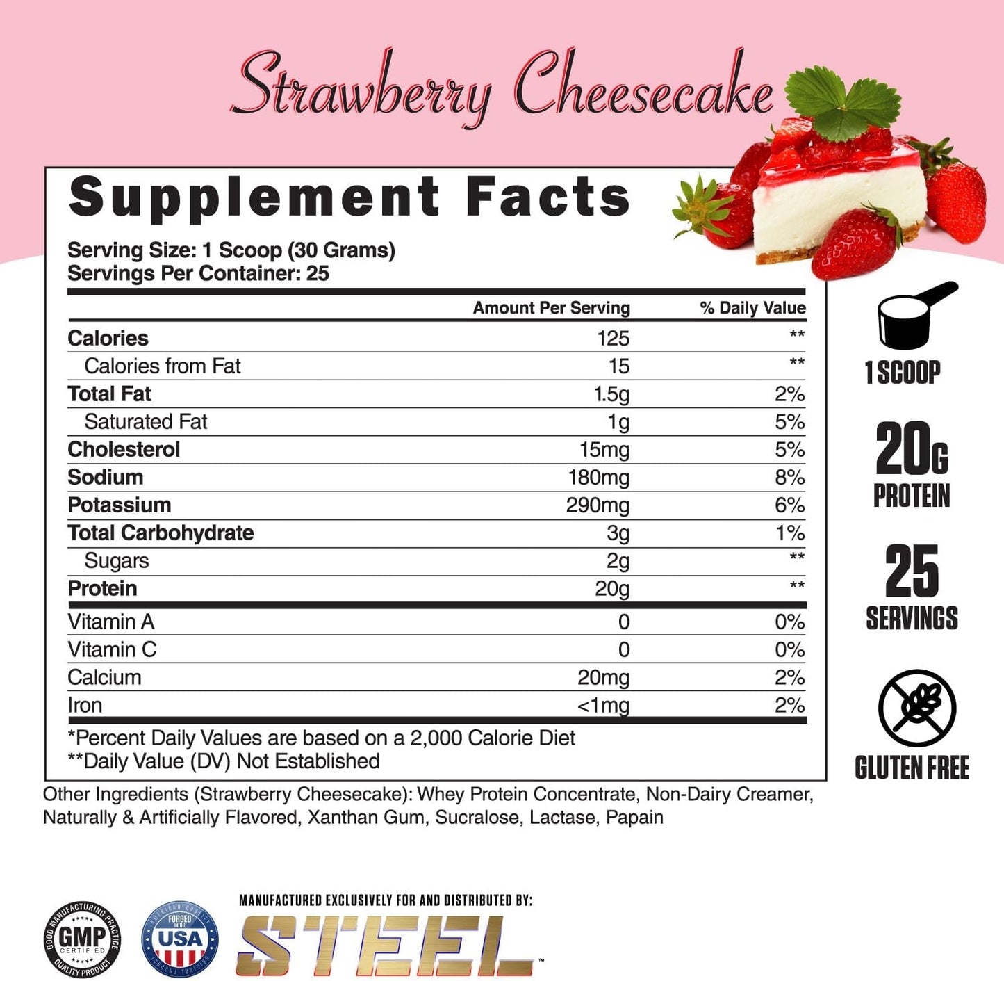 Steel Supplements Whey-Pro Strawberry Cheesecake: Pure Whey Protein Powder for Muscle Gain & Recovery | Gluten-Free, Non-GMO | 1.65 lbs, 25 Servings | BCAA 5g | Men & Women