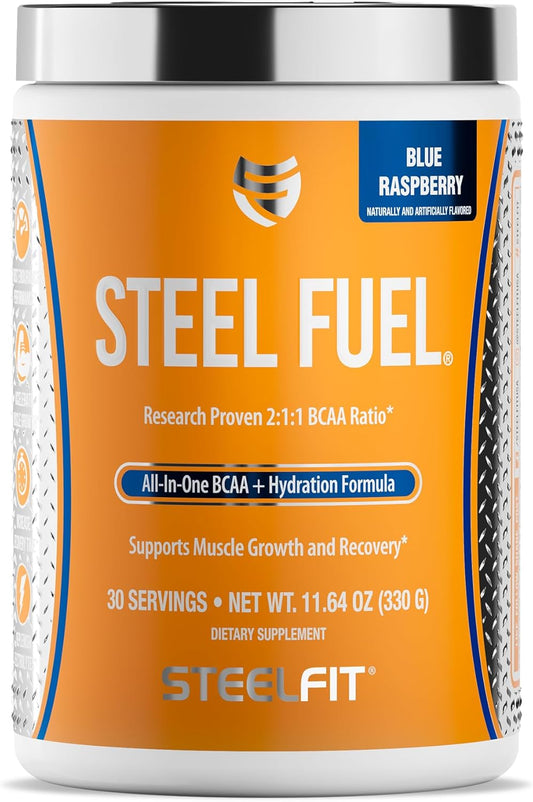 SteelFit Steel Fuel BCAA Electrolyte Powder Blue Raspberry 30 Servings - Sugar-Free Amino Acids for Workout Hydration & Recovery