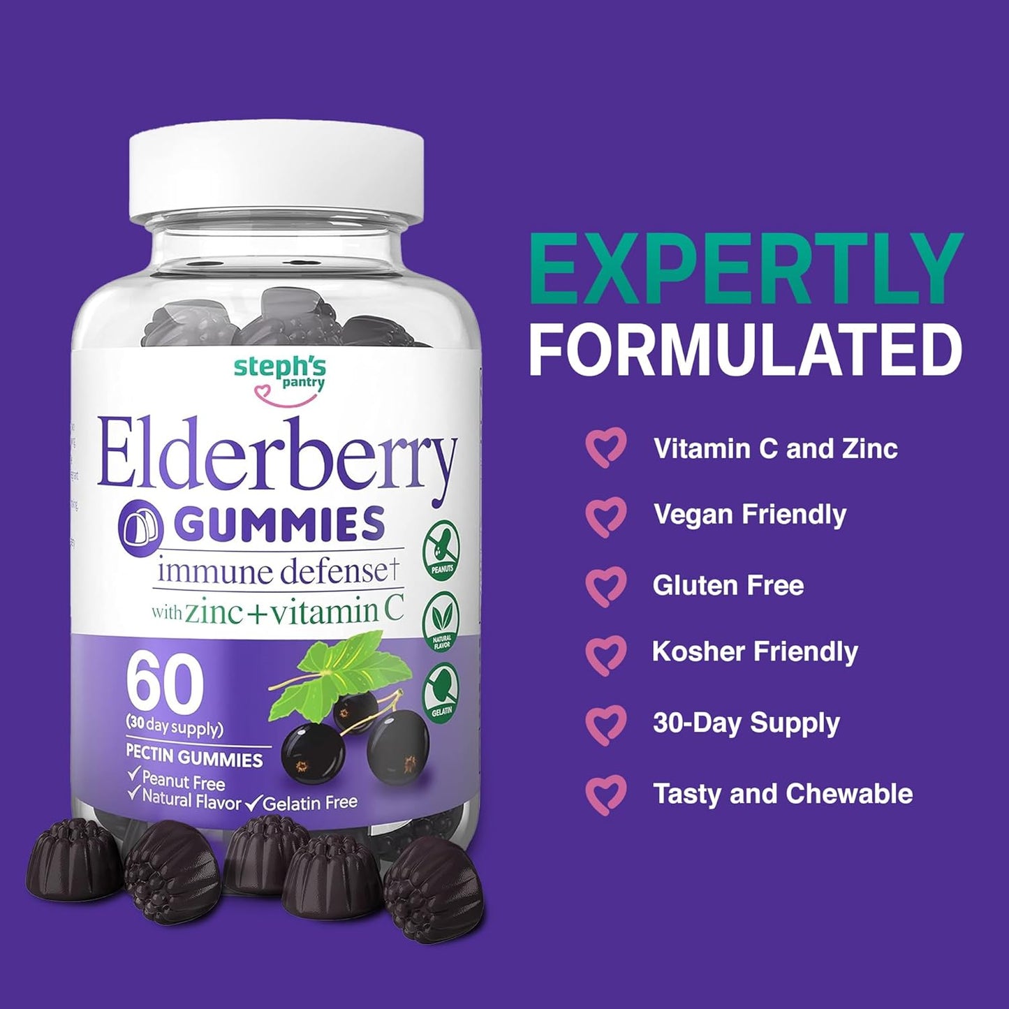 Steph's Pantry Immune Boosting Elderberry Gummies with Vitamin C, Zinc, and Antioxidant Support - Vegan Multivitamins for Adults and Kids (60 Gummies)