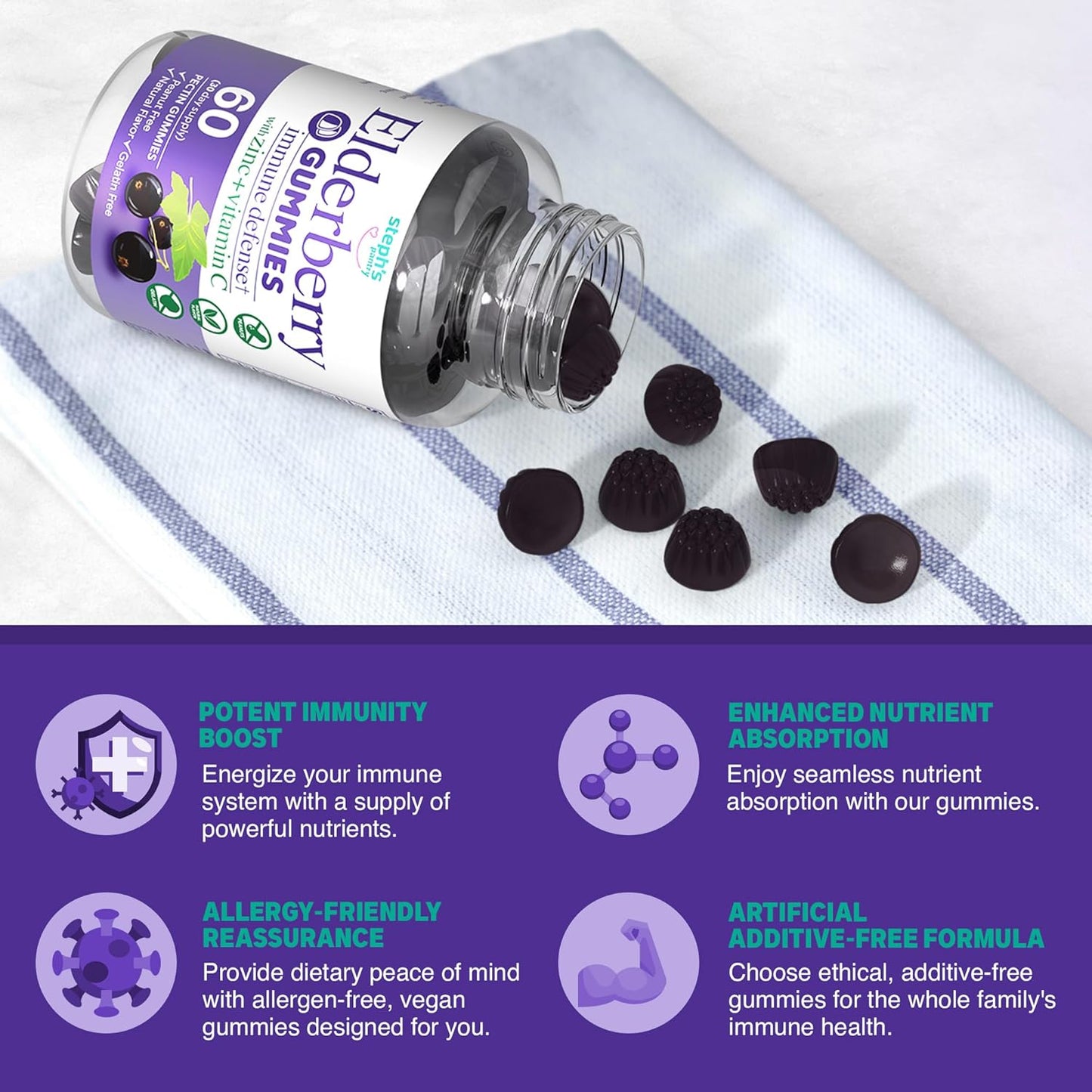 Steph's Pantry Immune Boosting Elderberry Gummies with Vitamin C, Zinc, and Antioxidant Support - Vegan Multivitamins for Adults and Kids (60 Gummies)