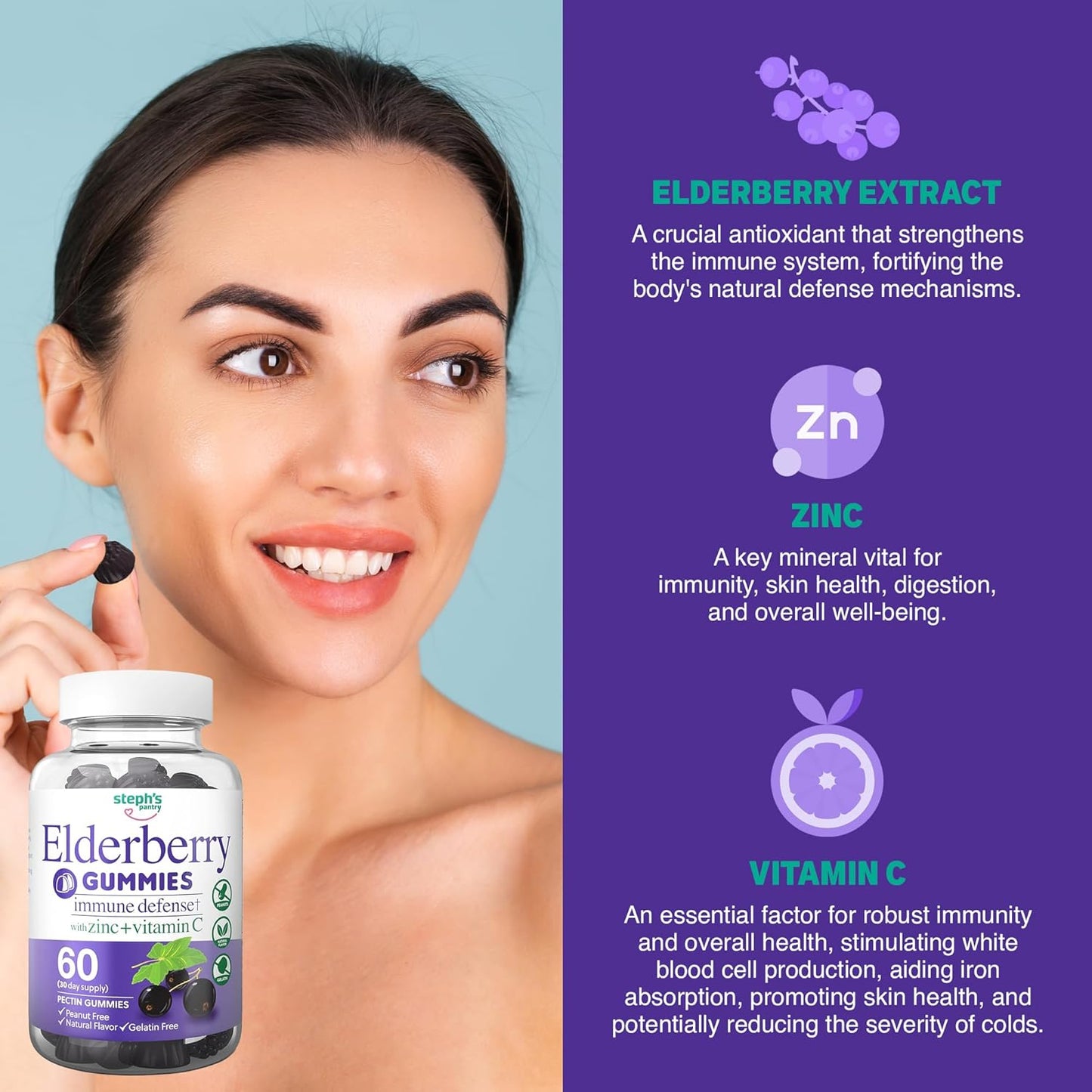 Steph's Pantry Immune Boosting Elderberry Gummies with Vitamin C, Zinc, and Antioxidant Support - Vegan Multivitamins for Adults and Kids (60 Gummies)
