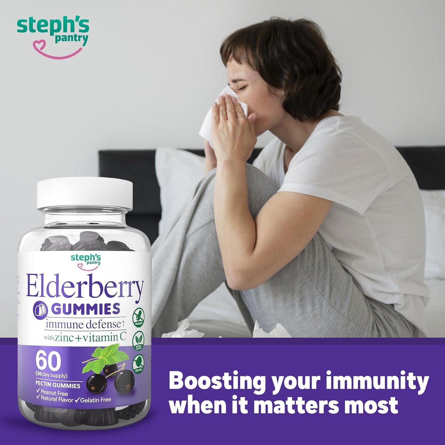 Steph's Pantry Immune Boosting Elderberry Gummies with Vitamin C, Zinc, and Antioxidant Support - Vegan Multivitamins for Adults and Kids (60 Gummies)