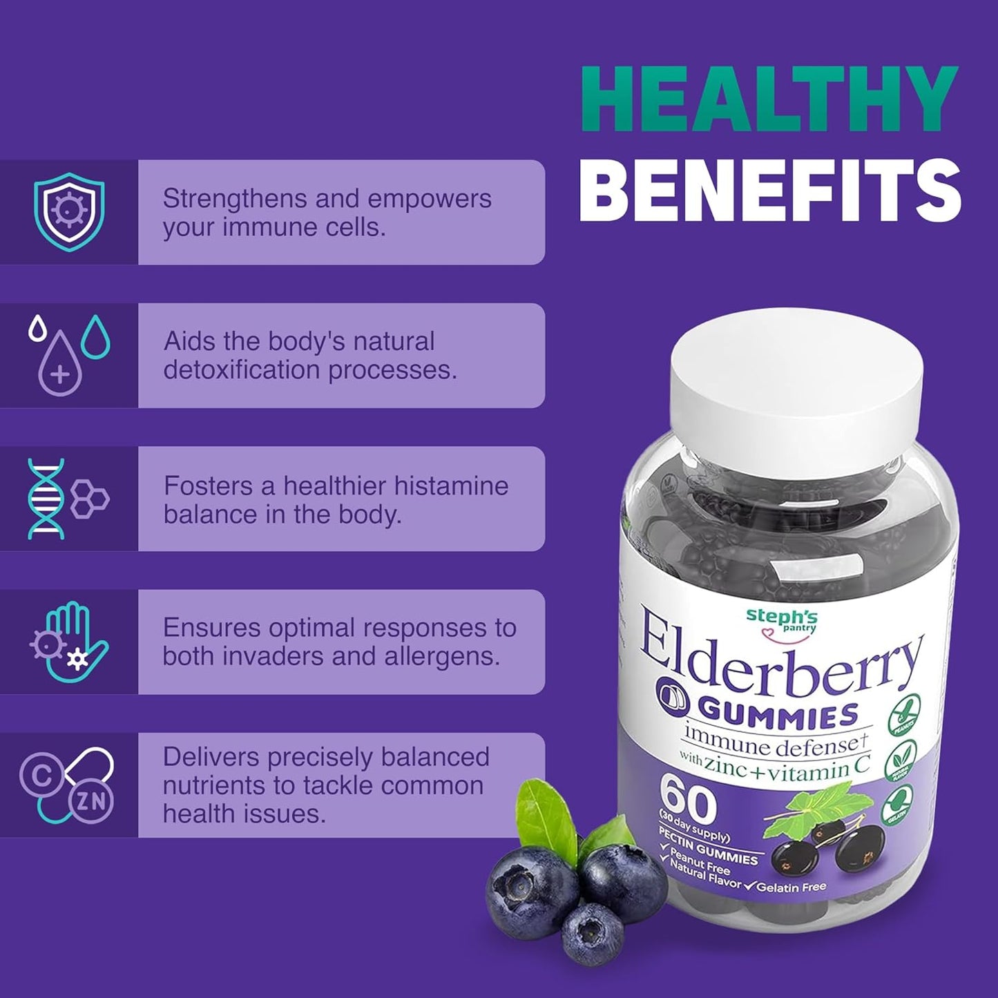 Steph's Pantry Immune Boosting Elderberry Gummies with Vitamin C, Zinc, and Antioxidant Support - Vegan Multivitamins for Adults and Kids (60 Gummies)