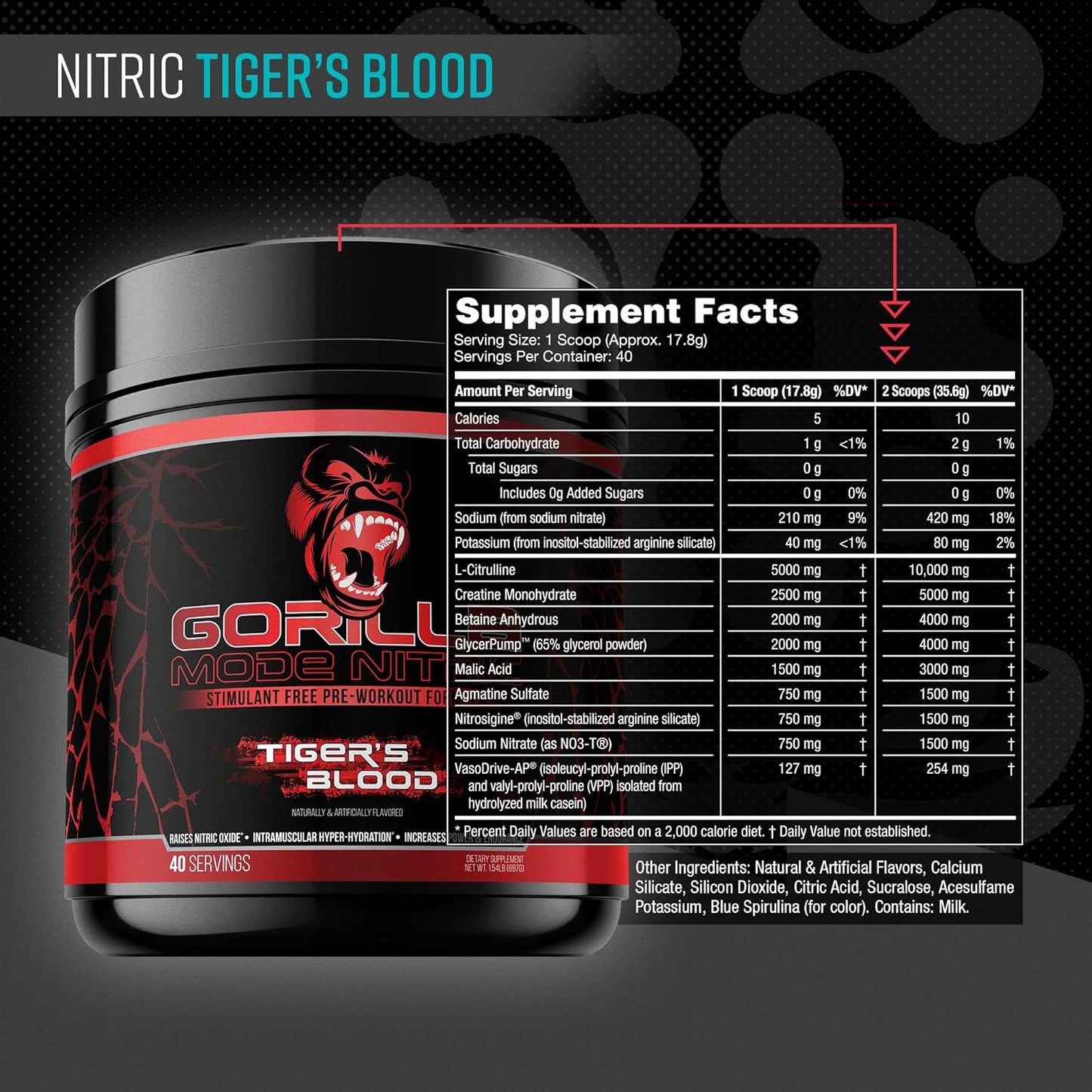 Stimulant-Free Gorilla Mind Nitric 1.0 Pre-Workout for Massive Pumps - Best Tasting and Most Effective - 646g (Tigers Blood)