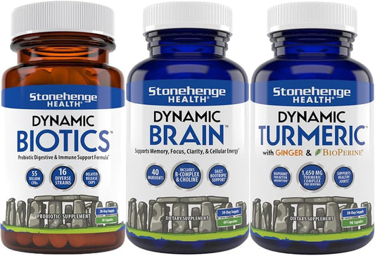 Stonehenge Health Dynamic Biotics Probiotic, Dynamic Brain, and Turmeric Bundle for Energy, Joints, Digestion, and Cognitive Support