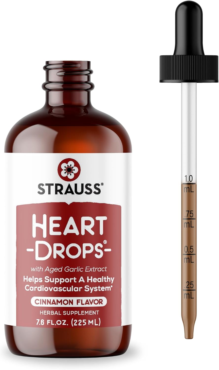 Strauss Naturals Heart Drops - Natural Mistletoe & Aged Garlic Extract Supplement for Heart Health - Supports Cardiovascular System - Vegan & Non-GMO - Cinnamon Flavored - 225 ml Bottle