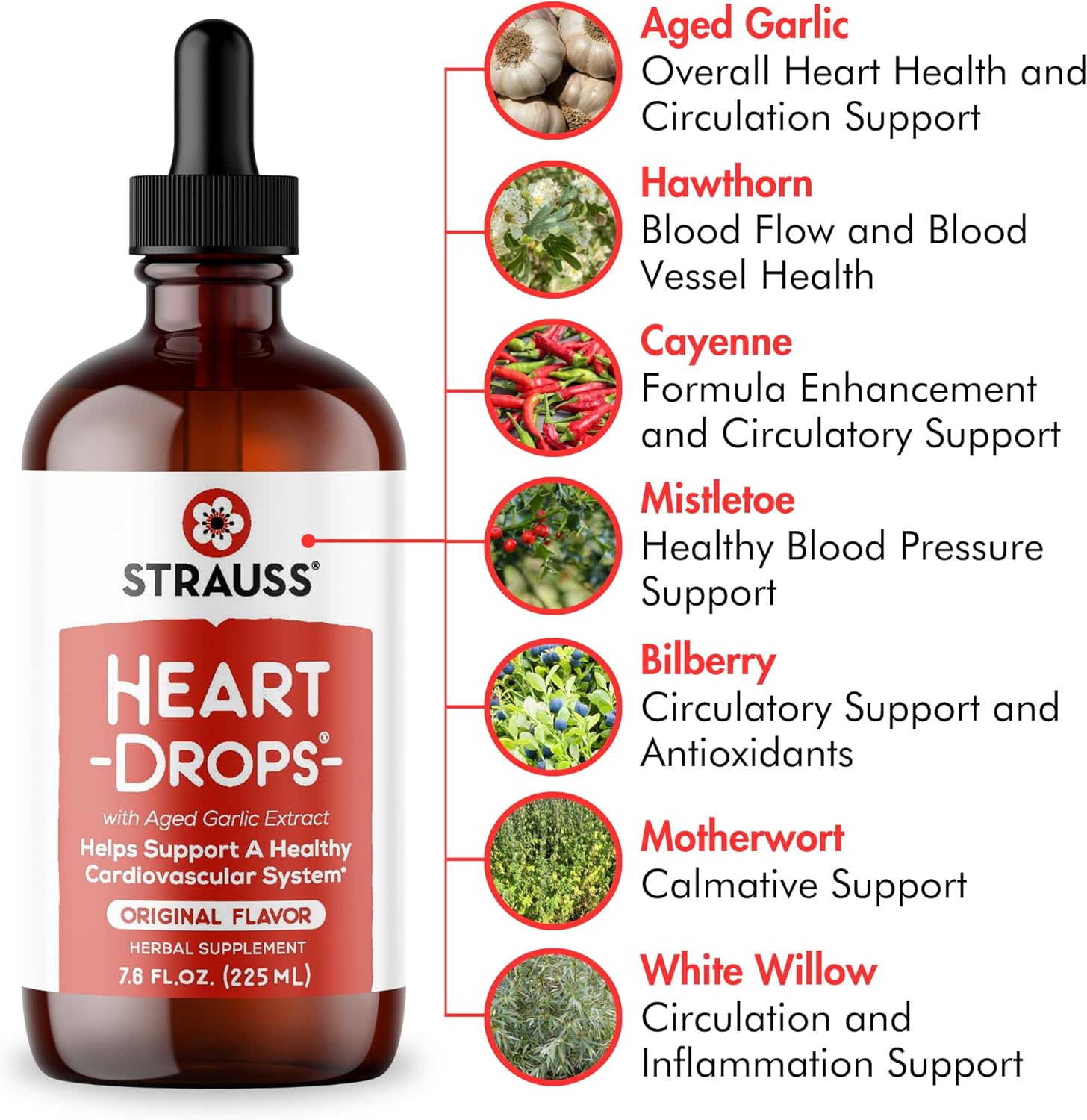 Strauss Naturals Heart Drops - Natural Mistletoe & Aged Garlic Extract Supplement for Heart Health - Supports Cardiovascular System - Vegan & Non-GMO - Cinnamon Flavored - 225 ml Bottle
