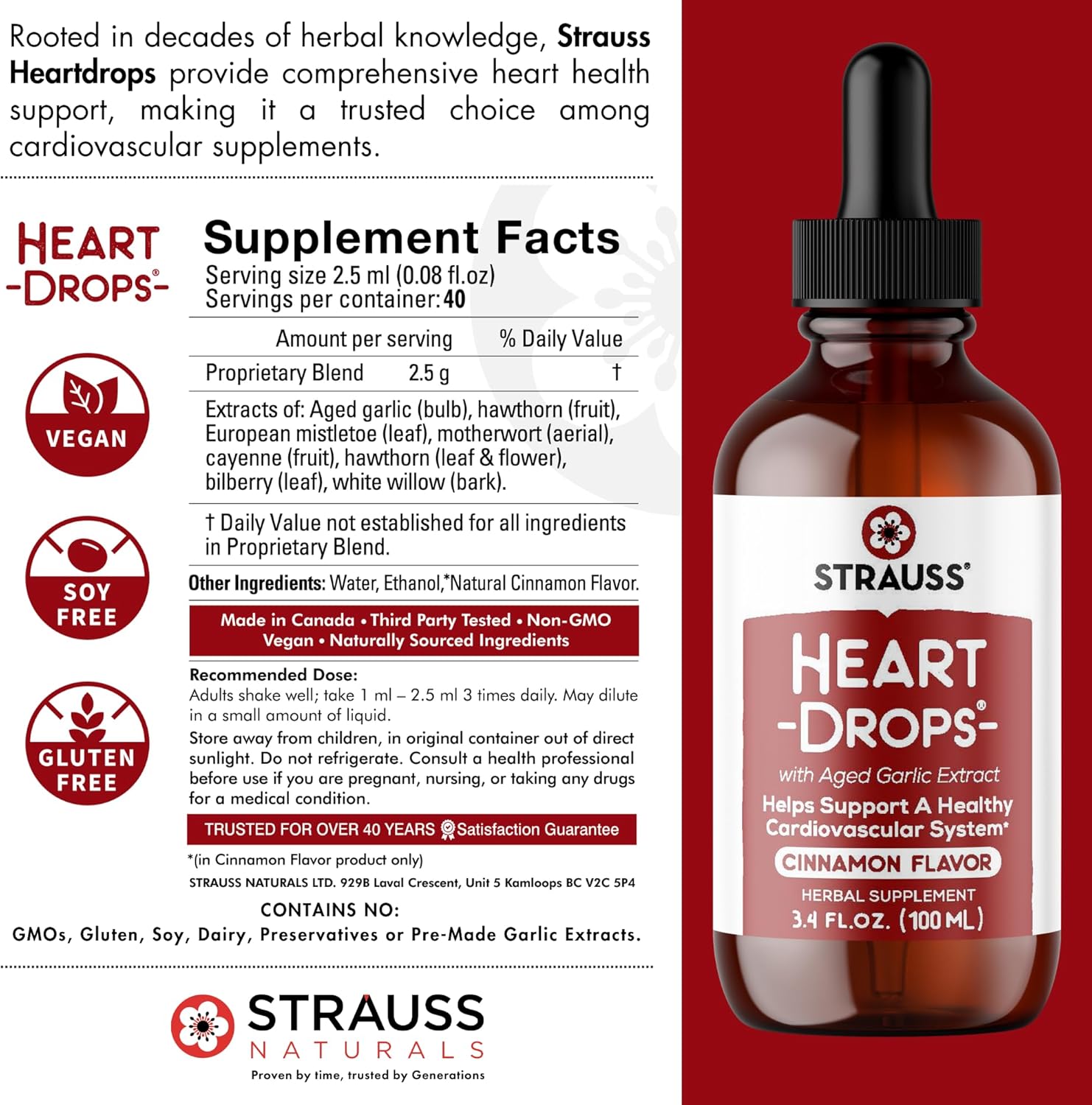 Strauss Naturals Heart Drops - Natural Mistletoe & Aged Garlic Extract Supplement for Heart Health - Supports Cardiovascular System - Vegan & Non-GMO - Cinnamon Flavored - 225 ml Bottle