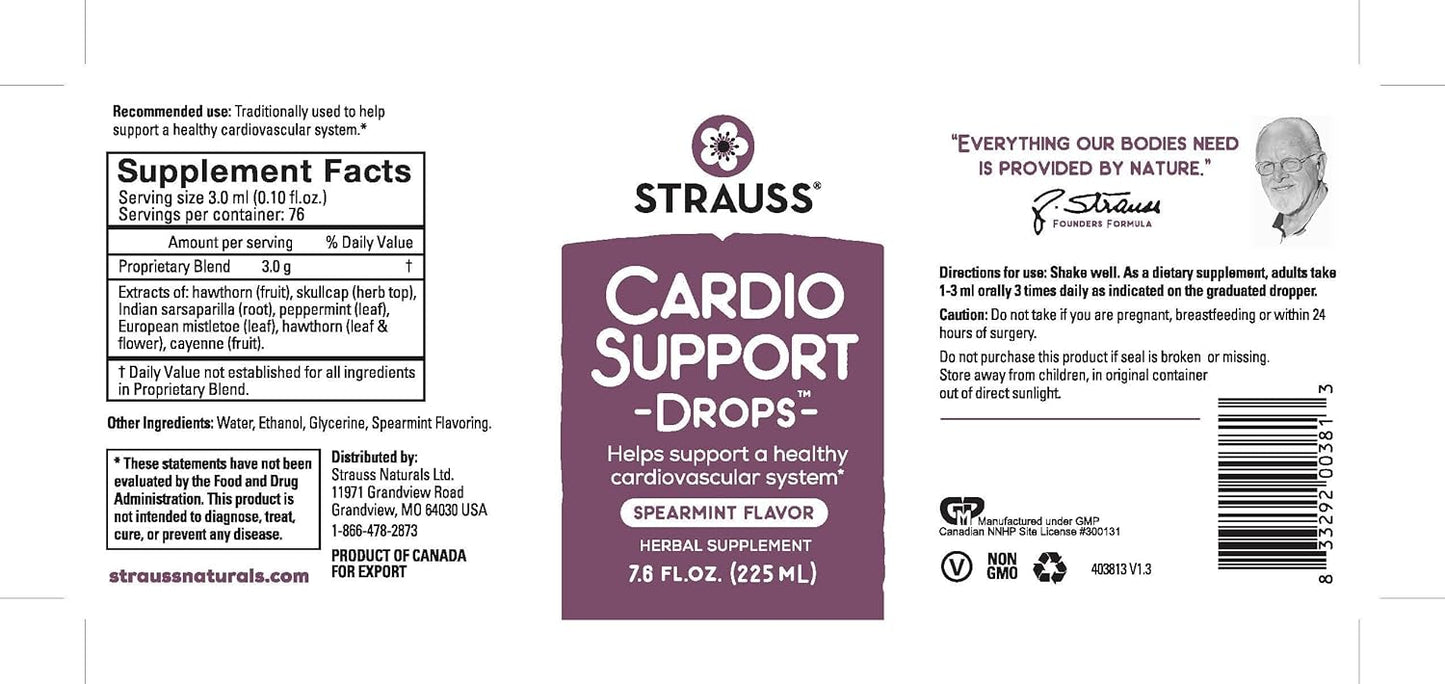 Strauss Naturals Heartdrops: Cardio Support Drops for Healthy Heart - Herbal Supplement for Men & Women - Vegan & Non-GMO - Spearmint Flavor - 225ml