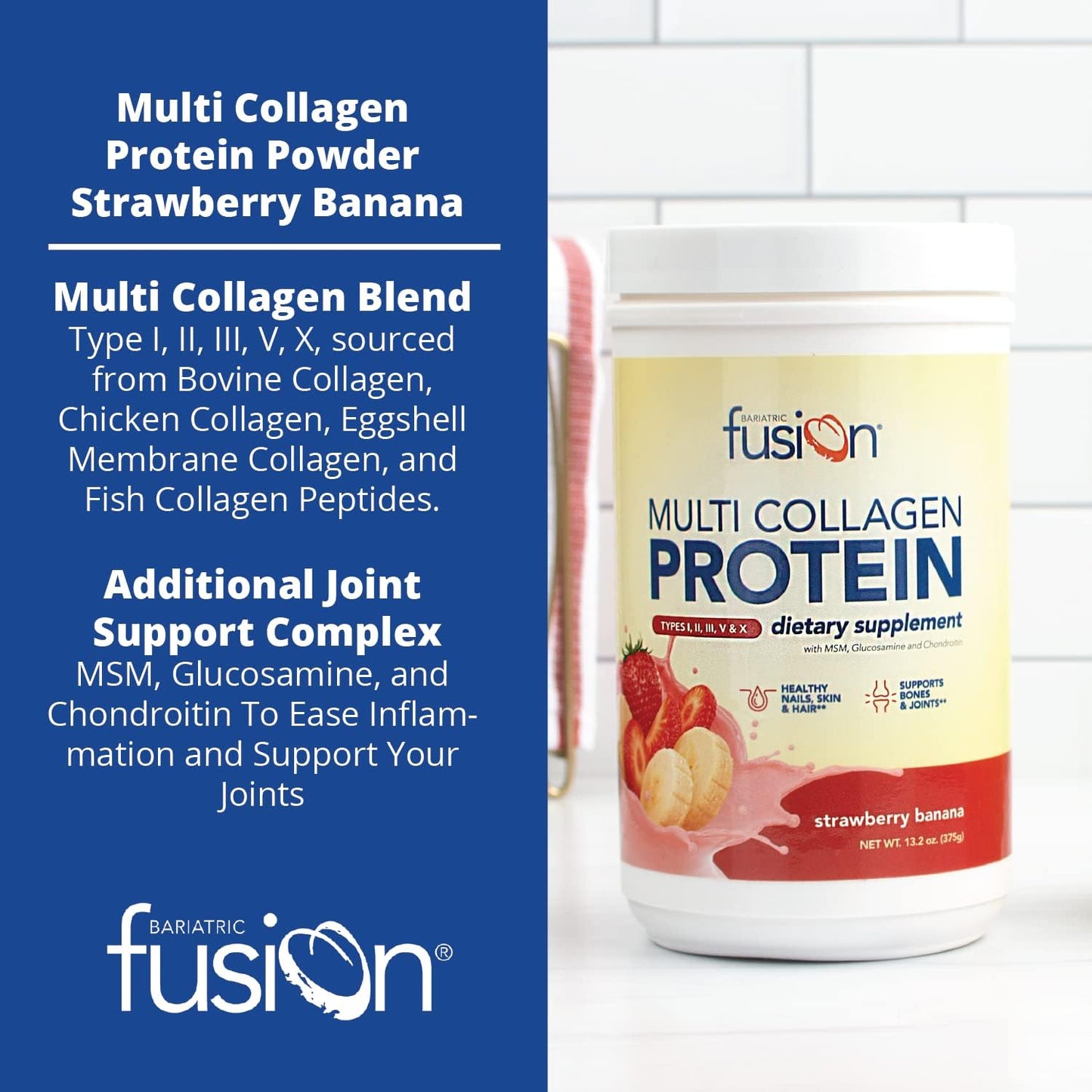 Strawberry Banana Multi Collagen Protein Powder with Joint Support - Dairy, Gluten & Soy Free (30 Servings)